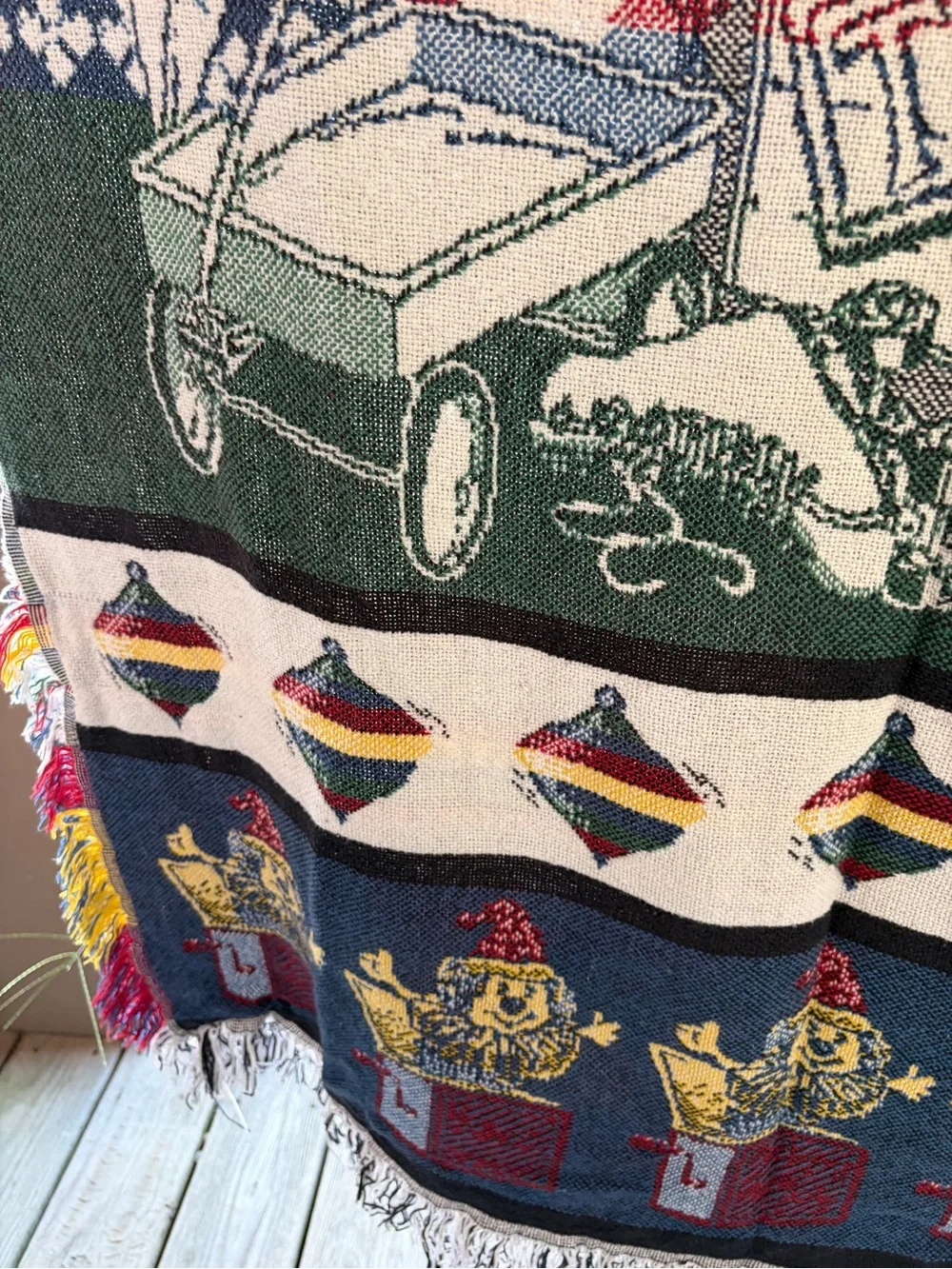 Vintage-Style Toys Pattern Woven Throw Blanket in Red, Navy & Cream